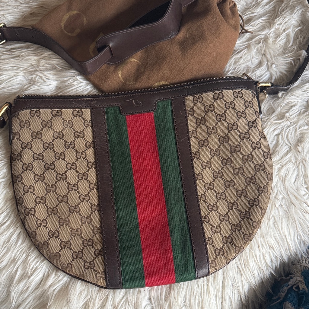 Gucci Brown Gg Canvas Half Moon Shoulder Bag With Red & Green Web